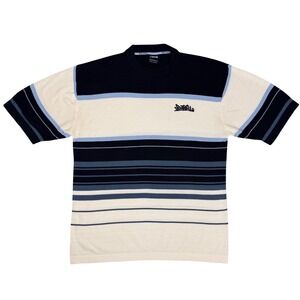 Southpole Mens Striped Knit Sweater Short Sleeve Blue Cream Y2K Vintage Large